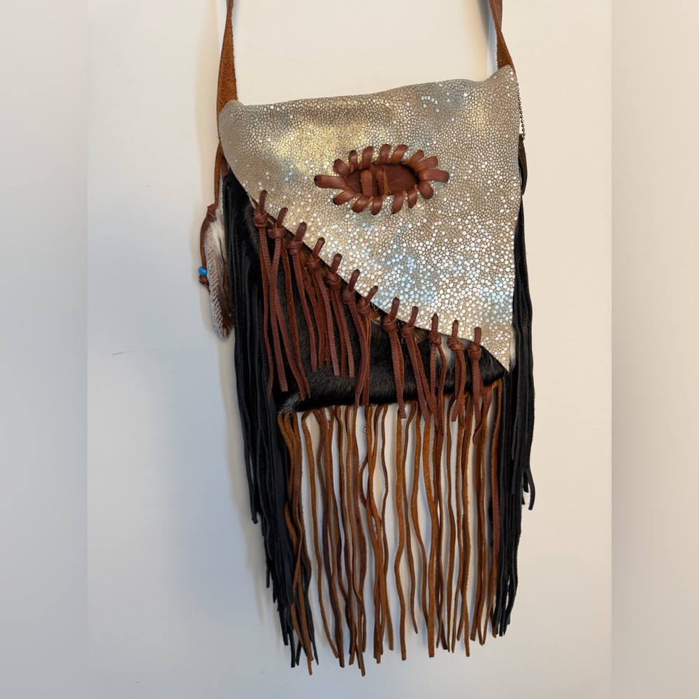 Handmade Soft Leather & Hair-On Hide Fringe Crossbody Purse ML Brand - Picture 3 of 16